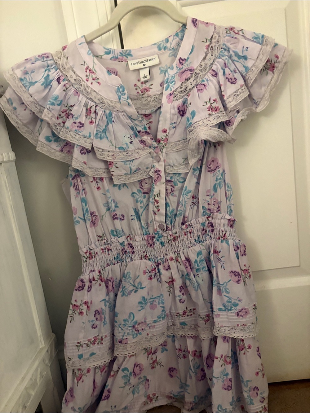 LoveShackFancy Lavender Floral Ruffle Dress with Aqua Accents